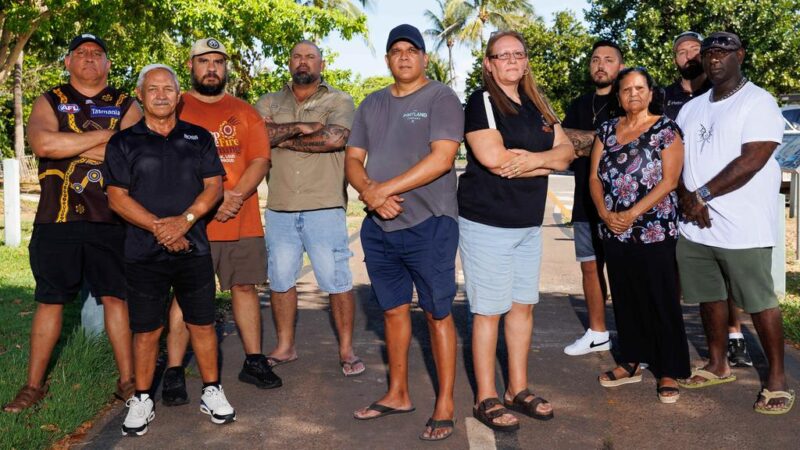 Shawn Lewfatt, centre left, and Lisa Burkenhagen, centre right, are two of the NT Aboriginal Community Police Officers who are taking the NT government and NT police commissioner to the Australian Human Rights Commission. Picture: Charlie Bliss