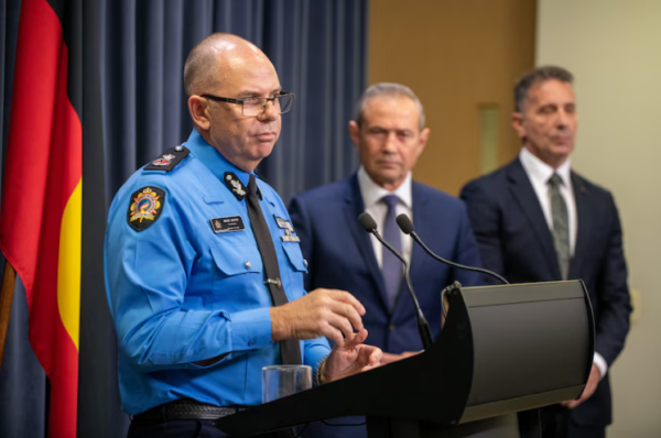 Brad Royce, Roger Cook and Corrective Service Minister Paul Papalia hold a press conference on Friday. (ABC News: Andrew O'Connor)