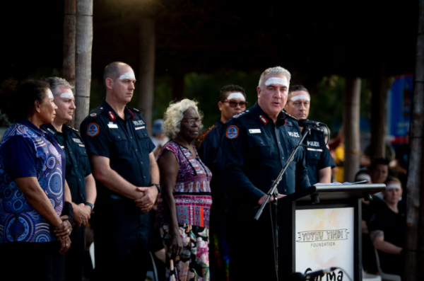 Michael Murphy used a speech at the Garma Festival in August to apologise to First Nations people for a history of "injustices" involving NT police. (ABC News: Che Chorley)